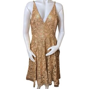 NWT Dress the Population Blair Sequin Lace Dress in GOLD NUDE Size L #D7235